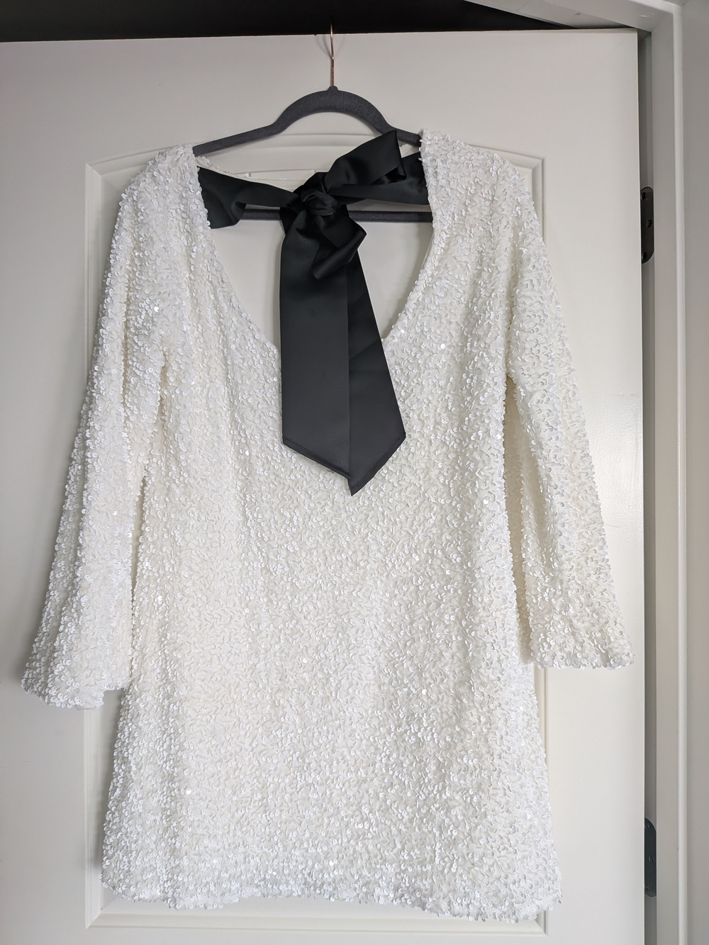 White Sequin Mini Dress with Black Bow Back Tie